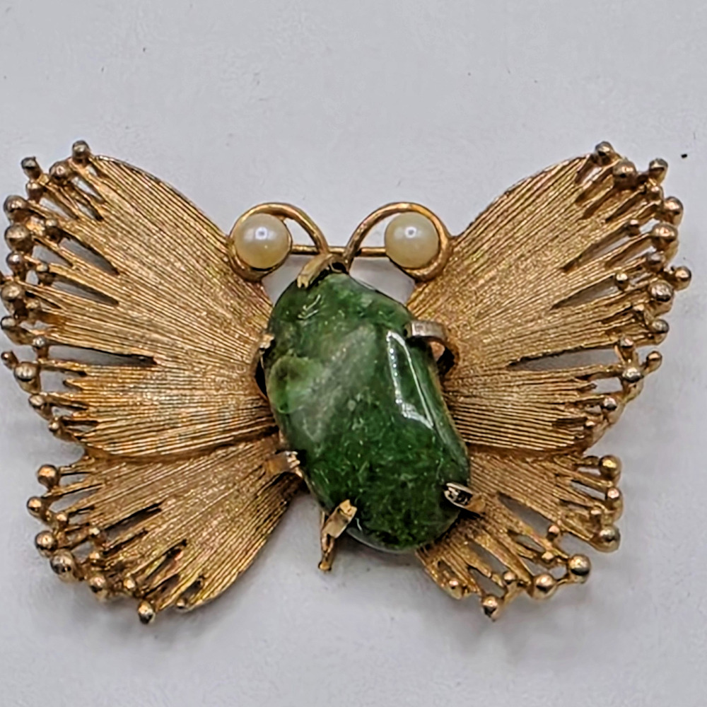Vintage Lisner Butterfly Brooch Green Cabochon Faux Pearl Gold Tone Signed